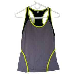 GAP-FIT Workout Racerback Tank Top Gray Neon Yellow Built-In Bra Medium Womens
